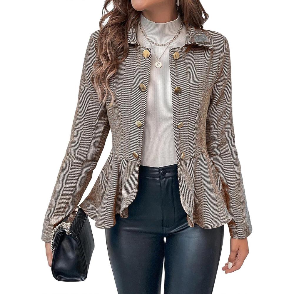 imageCicy Bell Elegant Women Blazer Business Work Office Peplum Hem Jacket Open Front Herringbone CoatsKhaki