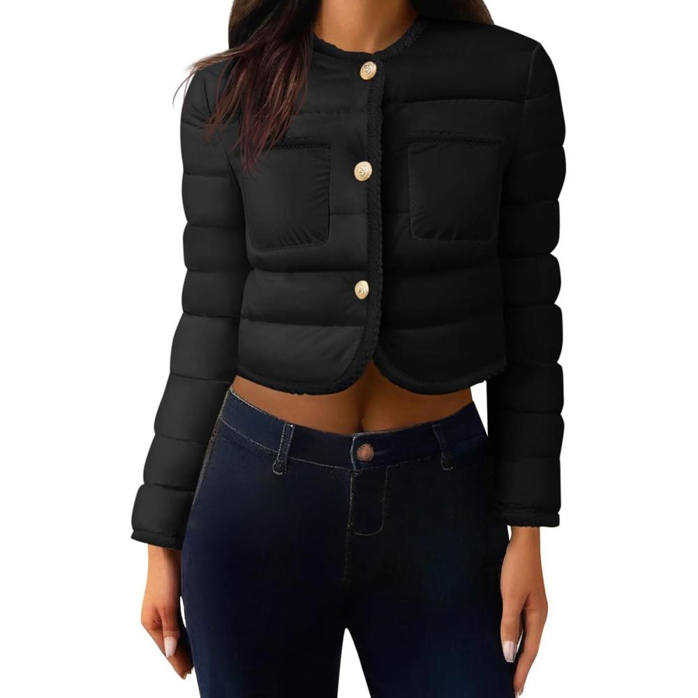 imageCicy Bell Womens Cropped Puffer Jackets Quilted Lightweight Collarless Button Down Warm Winter Coats with PocketsBlack