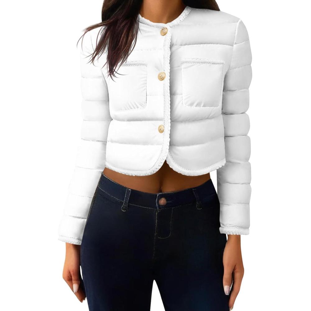 imageCicy Bell Womens Cropped Puffer Jackets Quilted Lightweight Collarless Button Down Warm Winter Coats with PocketsWhite