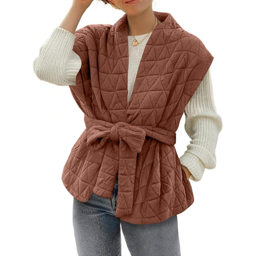 imageCicy Bell Womens Diamond Quilted Puffer Vest Open Front Puffy Sleeveless Jacket Fall Work Casual OuterwearCaramel