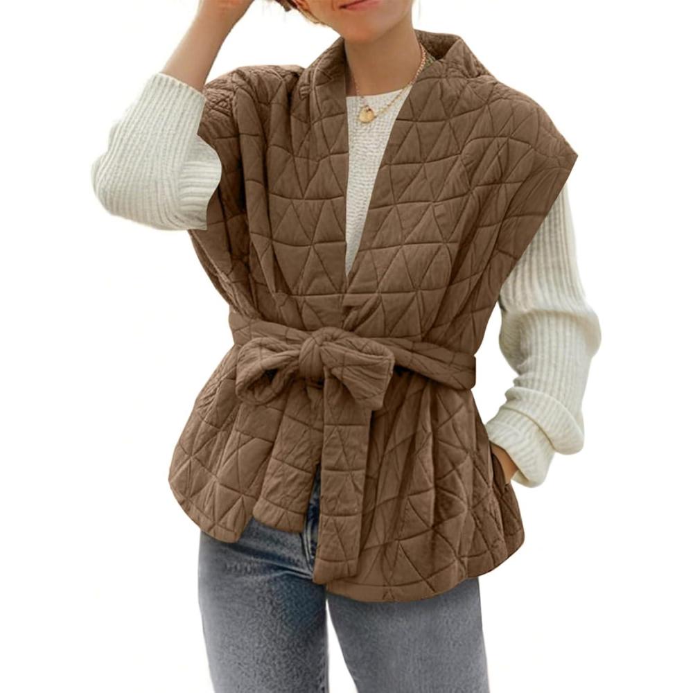 imageCicy Bell Womens Diamond Quilted Puffer Vest Open Front Puffy Sleeveless Jacket Fall Work Casual OuterwearKhaki
