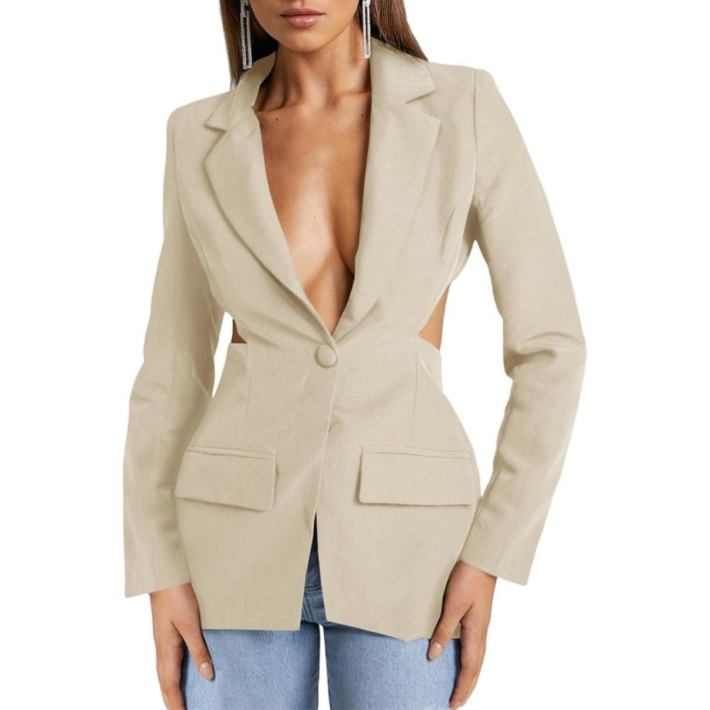 imageCicy Bell Womens Fitted Sexy Blazers Casual Open Front Long Sleeve Trendy Tailored Cut Out Blazer JacketsBeige