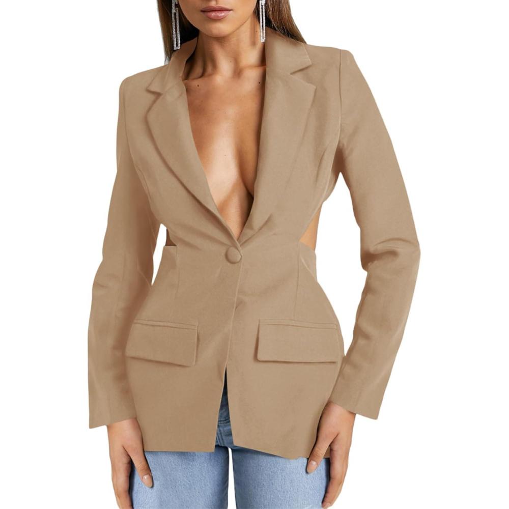 imageCicy Bell Womens Fitted Sexy Blazers Casual Open Front Long Sleeve Trendy Tailored Cut Out Blazer JacketsKhaki