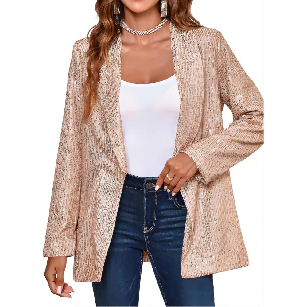 imageCicy Bell Womens Sequin Shiny Blazer Casual Laple Long Sleeve Sparkly Party Jackets BlazerChampagne Gold
