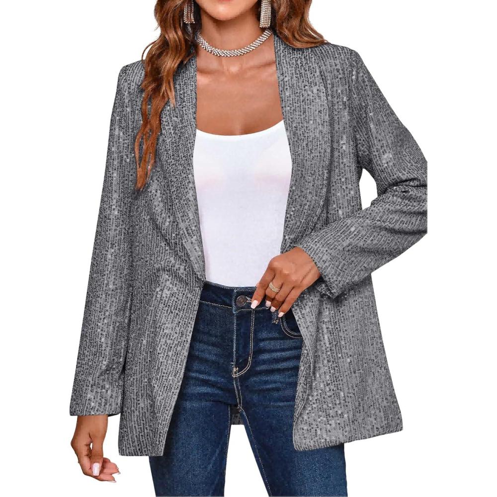 imageCicy Bell Womens Sequin Shiny Blazer Casual Laple Long Sleeve Sparkly Party Jackets BlazerGrey