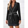 imageCicy Bell Womens Belted Casual Blazer Long Sleeve Open Front Contrast Binding Suit Jackets Dressy Blouse TopsBlack