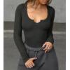 imageCicy Bell Womens Long Sleeve Tops Tight Ribbed Knit Scoop Neck Henley Shirts 2024 Fall Fitted Basic TeeBlack