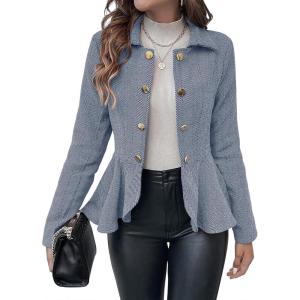 imageCicy Bell Elegant Women Blazer Business Work Office Peplum Hem Jacket Open Front Herringbone CoatsBlue
