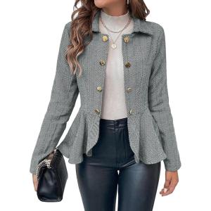 imageCicy Bell Elegant Women Blazer Business Work Office Peplum Hem Jacket Open Front Herringbone CoatsDark Gray