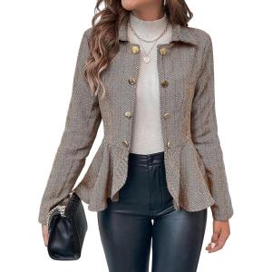 imageCicy Bell Elegant Women Blazer Business Work Office Peplum Hem Jacket Open Front Herringbone CoatsKhaki