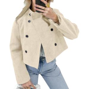 imageCicy Bell Womens Cropped Pea Coat Casual Double Breasted Stand Collar Long Sleeve Fall Short Jackets OutwearBeige