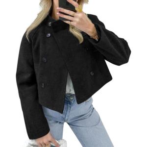 imageCicy Bell Womens Cropped Pea Coat Casual Double Breasted Stand Collar Long Sleeve Fall Short Jackets OutwearBlack