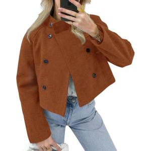 imageCicy Bell Womens Cropped Pea Coat Casual Double Breasted Stand Collar Long Sleeve Fall Short Jackets OutwearBrown