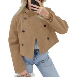 imageCicy Bell Womens Cropped Pea Coat Casual Double Breasted Stand Collar Long Sleeve Fall Short Jackets OutwearKhaki