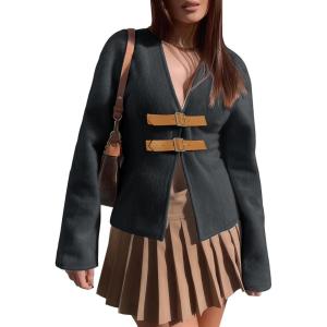 imageCicy Bell Womens Cropped Pea Coat V Neck Short Wool Jackets Vintage Casual Y2K Fall Open Front Blazer with BuckleBlack