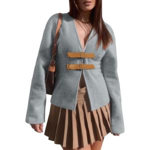 imageCicy Bell Womens Cropped Pea Coat V Neck Short Wool Jackets Vintage Casual Y2K Fall Open Front Blazer with BuckleGrey