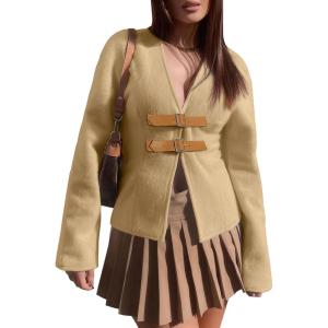 imageCicy Bell Womens Cropped Pea Coat V Neck Short Wool Jackets Vintage Casual Y2K Fall Open Front Blazer with BuckleKhaki