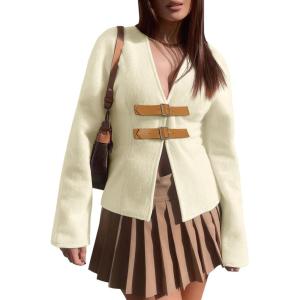 imageCicy Bell Womens Cropped Pea Coat V Neck Short Wool Jackets Vintage Casual Y2K Fall Open Front Blazer with BuckleWhite