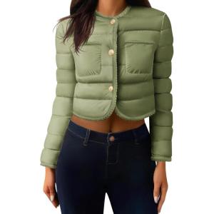 imageCicy Bell Womens Cropped Puffer Jackets Quilted Lightweight Collarless Button Down Warm Winter Coats with PocketsArmy Green