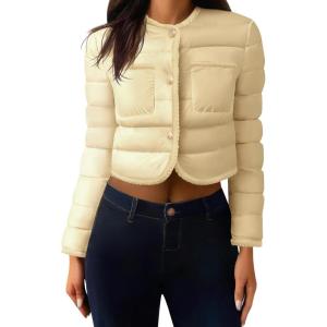 imageCicy Bell Womens Cropped Puffer Jackets Quilted Lightweight Collarless Button Down Warm Winter Coats with PocketsBeige