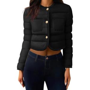 imageCicy Bell Womens Cropped Puffer Jackets Quilted Lightweight Collarless Button Down Warm Winter Coats with PocketsBlack