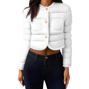 imageCicy Bell Womens Cropped Puffer Jackets Quilted Lightweight Collarless Button Down Warm Winter Coats with PocketsWhite