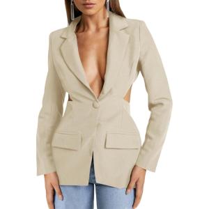 imageCicy Bell Womens Fitted Sexy Blazers Casual Open Front Long Sleeve Trendy Tailored Cut Out Blazer JacketsBeige