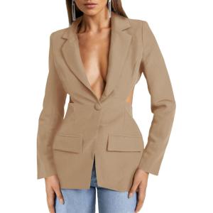 imageCicy Bell Womens Fitted Sexy Blazers Casual Open Front Long Sleeve Trendy Tailored Cut Out Blazer JacketsKhaki