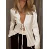 imageCicy Bell Womens Sexy Tie Front Satin Shirts Deep V Neck Silk Club Tops Long Sleeve Y2k Going Out BlouseCreamy White