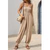 imageCicy Bell Womens Summer Smocked Jumpsuits Loose Fit Adjustable Spaghetti Strap Jumpers Button Front Jogger Leg OverallsBeige