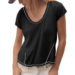 imageCicy Bell Womens Cropped Scoop Neck Tshirts Summer Cap Short Sleeve Exposed Seam Tops Casual Loose Fit Cotton Tee ShirtsBlack