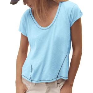 imageCicy Bell Womens Cropped Scoop Neck Tshirts Summer Cap Short Sleeve Exposed Seam Tops Casual Loose Fit Cotton Tee ShirtsSky Blue