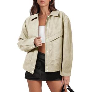 imageCicy Bell Womens Faux Leather Bomber Jackets Button Down Vintage Casual Moto Coats Loose Fit Fall Fashion OuterwearApricot