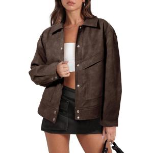 imageCicy Bell Womens Faux Leather Bomber Jackets Button Down Vintage Casual Moto Coats Loose Fit Fall Fashion OuterwearCoffee