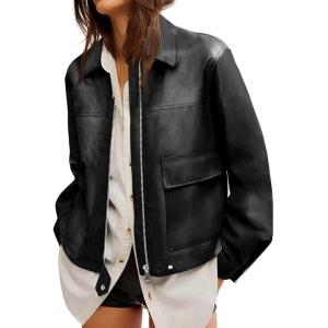 imageCicy Bell Womens Faux Leather Bomber Jackets Zip Up Cropped Lapel Moto Coats Trendy Casual Outerwear with PocketsBlack