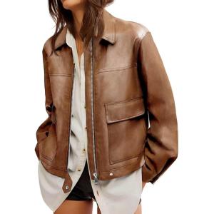 imageCicy Bell Womens Faux Leather Bomber Jackets Zip Up Cropped Lapel Moto Coats Trendy Casual Outerwear with PocketsBrown