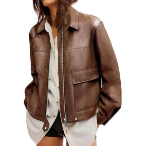 imageCicy Bell Womens Faux Leather Bomber Jackets Zip Up Cropped Lapel Moto Coats Trendy Casual Outerwear with PocketsDark Brown