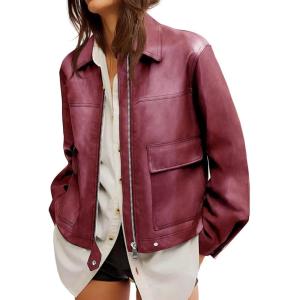 imageCicy Bell Womens Faux Leather Bomber Jackets Zip Up Cropped Lapel Moto Coats Trendy Casual Outerwear with PocketsWine Red