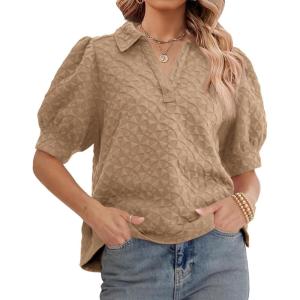 imageCicy Bell Womens Puff Short Sleeve Polo Shirts Summer V Neck Textured Tops Dressy Casual Loose Fit BlouseBeige