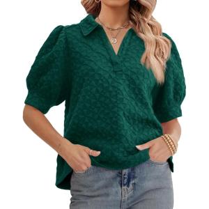 imageCicy Bell Womens Puff Short Sleeve Polo Shirts Summer V Neck Textured Tops Dressy Casual Loose Fit BlouseDark Green