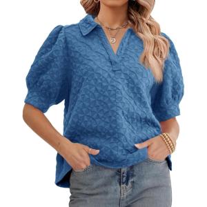 imageCicy Bell Womens Puff Short Sleeve Polo Shirts Summer V Neck Textured Tops Dressy Casual Loose Fit BlouseLake Blue