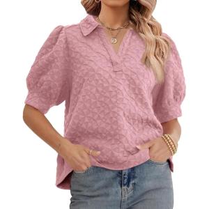 imageCicy Bell Womens Puff Short Sleeve Polo Shirts Summer V Neck Textured Tops Dressy Casual Loose Fit BlousePink