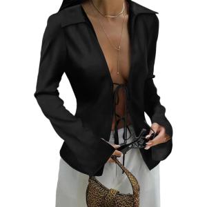 imageCicy Bell Womens Sexy Tie Front Satin Shirts Deep V Neck Silk Club Tops Long Sleeve Y2k Going Out BlouseBlack