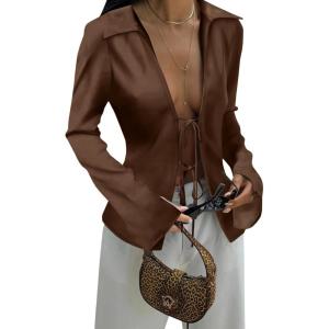 imageCicy Bell Womens Sexy Tie Front Satin Shirts Deep V Neck Silk Club Tops Long Sleeve Y2k Going Out BlouseCoffee