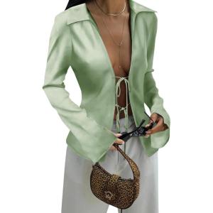 imageCicy Bell Womens Sexy Tie Front Satin Shirts Deep V Neck Silk Club Tops Long Sleeve Y2k Going Out BlouseLight Green