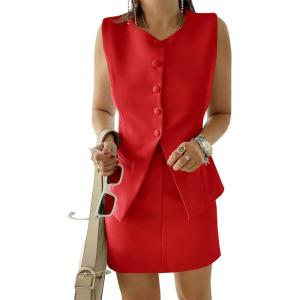 imageCicy Bell Womens Summer 2 Piece Outfits Crew Neck Sleeveless Fitted Blazer Vest Matching Sets Work Mini Skirt Suit SetsRed