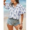 imageCicy Bell Womens Summer Babydoll Tops Short Lantern Sleeve Bow Print Blouse V Neck Pleated Casual Cute Tee ShirtsWhite Blue