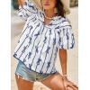imageCicy Bell Womens Summer Babydoll Tops Short Lantern Sleeve Bow Print Blouse V Neck Pleated Casual Cute Tee ShirtsWhite Blue