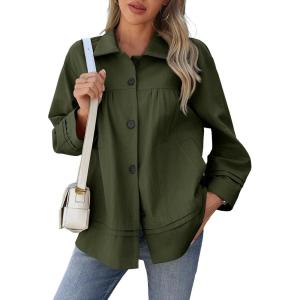 imageCicy Bell Womens Oversized Casual Jackets Lightweight Pleated Babydoll Shackets Cotton Button Down CoatsArmy Green