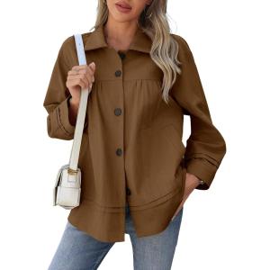 imageCicy Bell Womens Oversized Casual Jackets Lightweight Pleated Babydoll Shackets Cotton Button Down CoatsBrown